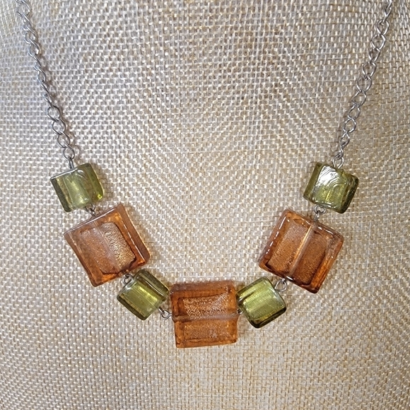 Fall Colors Art Glass Necklace Green Rusty Orange Square Rectangles - Picture 7 of 13